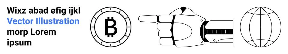 Futuristic elements including robotic hand, cryptocurrency Bitcoin symbol, .. 스톡 일러스트