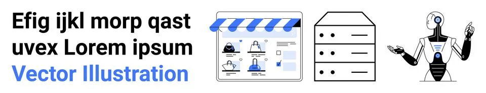 Futuristic Elements Online Storefront, Server, and Robot for Tech Innovatio.. Stockillustratie