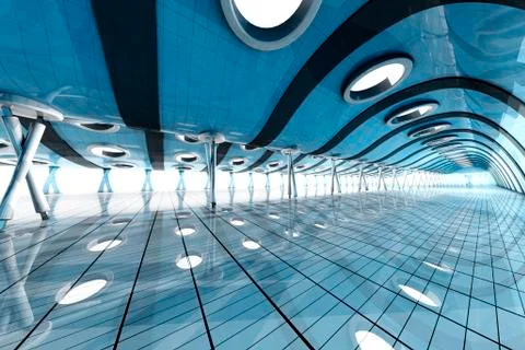 Futuristic empty blue room with skylights, 3D Rendering Stock Illustration