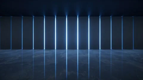 Futuristic empty hall with blue neon light strips on dark wall and reflecti.. Stock Footage 332227860