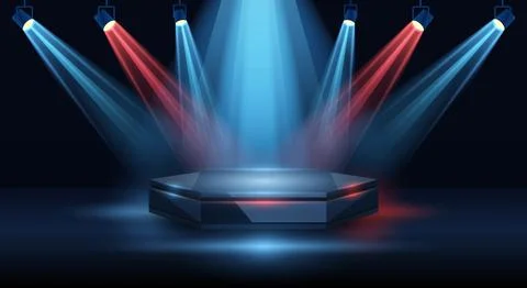 Futuristic empty podium on a dark stage bright blue and red spotlights. pro.. Stock Illustration