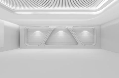 Futuristic empty room, 3d render interior design, white mock up illustration Illustrazione stock