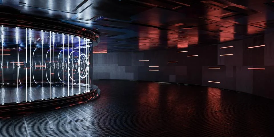 Futuristic Empty Room with a circular architecture and bright led lights 3d Stock Illustration