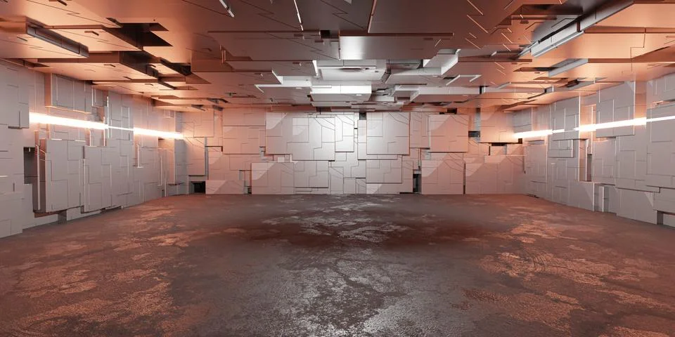 A futuristic Empty Room with Numerous Boxes 3d render illustration Illustrazione stock