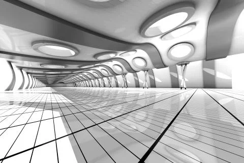 Futuristic empty rooum with skylights, 3D Rendering Stock Illustration