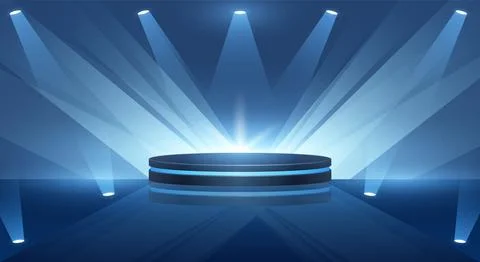 Futuristic empty round podium bright blue spotlights on a dark studio stage.. Stock Illustration