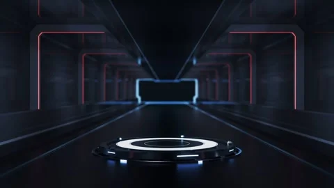 Futuristic empty sci-fi podium with neon light glowing in dark metallic cor.. Stock Footage 332318104