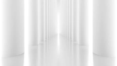 Futuristic empty white corridor with columns and bright light Stock Footage 236702843