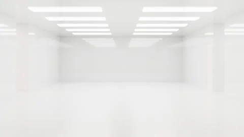 Futuristic empty white wall room with bright ceiling lights reflecting on p.. Stock Illustration
