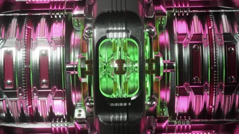 Futuristic engine core glows with green light, surrounded by intricate pink and Stock Footage 310171848