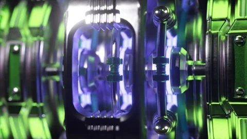Futuristic engine with purple and green lights is rotating slowly, showcasing Stock Footage 310171851