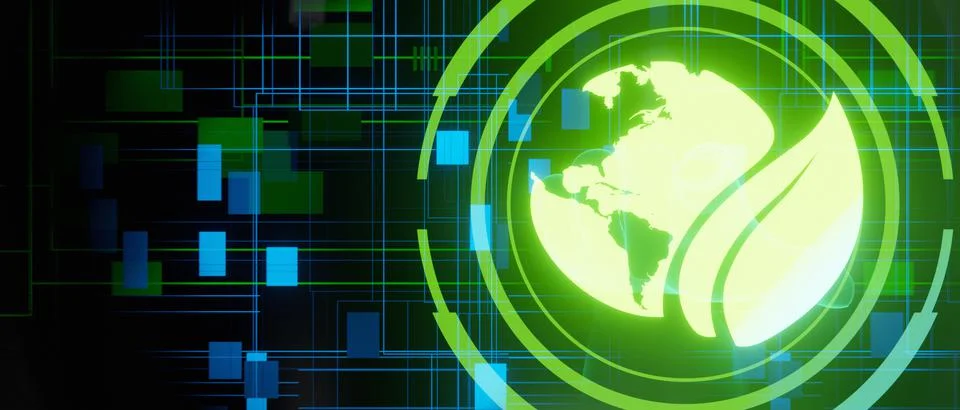 Futuristic environment conservation concept glowing globe map green leaf 3D R Stock Illustration