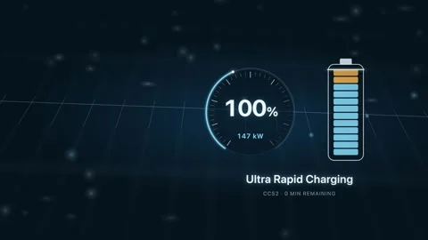 Futuristic EV Battery Charging Interface Animation with Fast Charging Status Dis Stock Footage 340246692