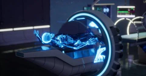 Futuristic examination of a glowing skeleton in a high tech medical facility Stockillustratie