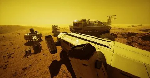Futuristic exploration vehicles on a desolate alien landscape at sunset Stock Illustration