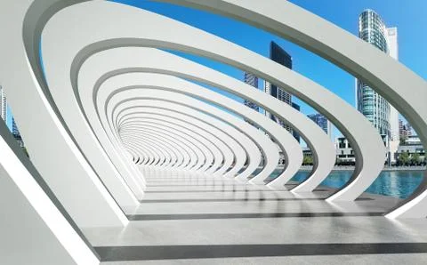Futuristic exterior structure under arcs on river Stock Illustration