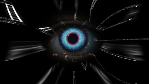 Futuristic Eye with Digital Symbols Representing Technology and Cybersecurity Video stock 310061900