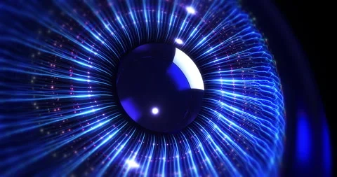 Futuristic eye iris with glowing digital network fiber optics. Stock Footage 331864473