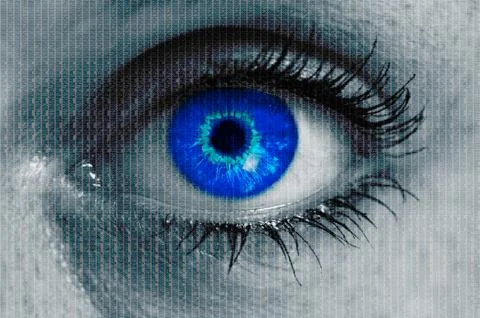 Futuristic eye with matrix texture looking at viewer. Stock Photos