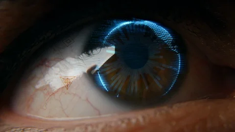 Futuristic eye scan with 3D world map imprinted on eyeball Stock Footage 101946295