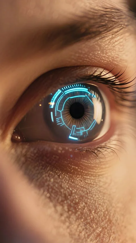Futuristic Eye Scan – Close-up of Human Eye looking with Glowing Tech Interface Stock Footage 313533993