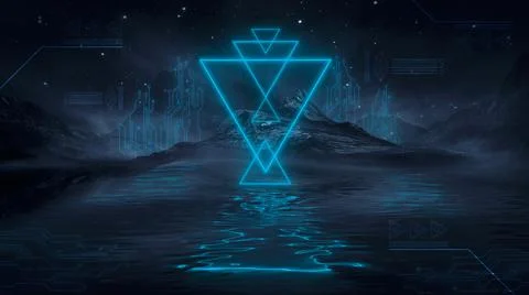 Futuristic fantasy night landscape with abstract landscape and island Stock Illustration