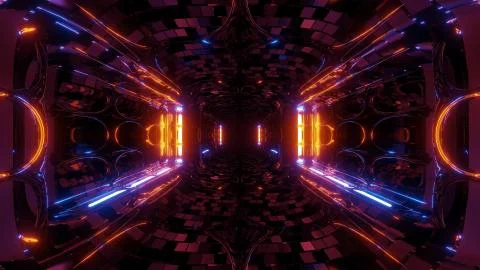 Futuristic fantasy sci-fi tunnel corridor with electric reflection 3d Stock Illustration