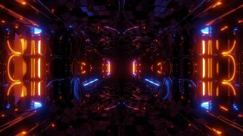 Futuristic fantasy sci-fi tunnel corridor with electric reflection 3d Stock Illustration