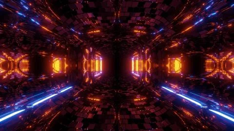 Futuristic fantasy sci-fi tunnel corridor with electric reflection 3d Stock Illustration