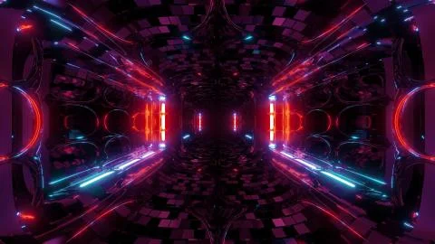 Futuristic fantasy sci-fi tunnel corridor with electric reflection 3d Stock Illustration