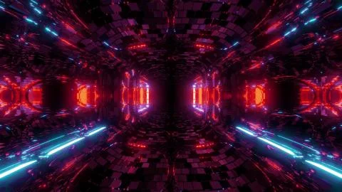 Futuristic fantasy sci-fi tunnel corridor with electric reflection 3d Stock Illustration
