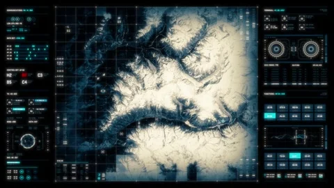 Futuristic fantasy user interface | Terrain scan Hud video Stock Footage 289062366