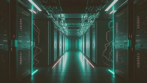 Futuristic featuring a long, modern server room hallway, this video offers a Stock Footage 232662353