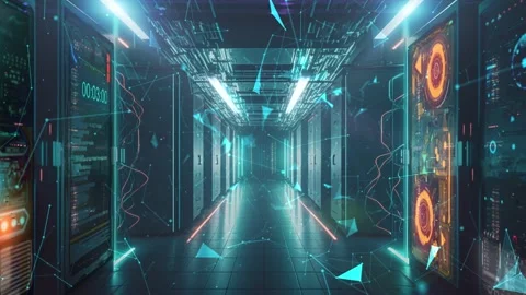 Futuristic featuring a long, modern server room hallway, this video offers a Stock Footage 232925534