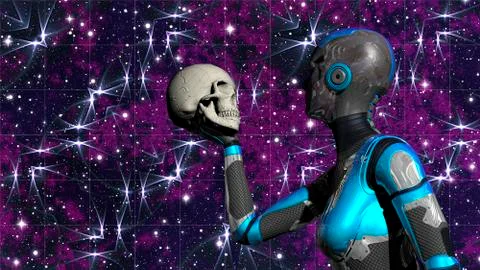 Futuristic Female Android in Deep Space holding human skull Stock Illustration