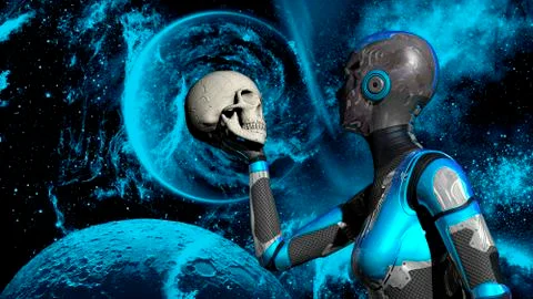 Futuristic Female Android in Deep Space holding human skull Stock Illustration