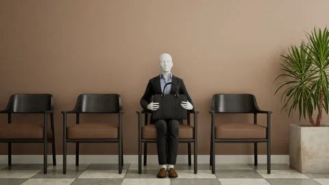 Futuristic female android robot sitting on a chair and waiting for a job Stock Footage 247212273