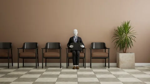 Futuristic female android robot sitting on a chair and waiting for a job Stock Footage 247844902