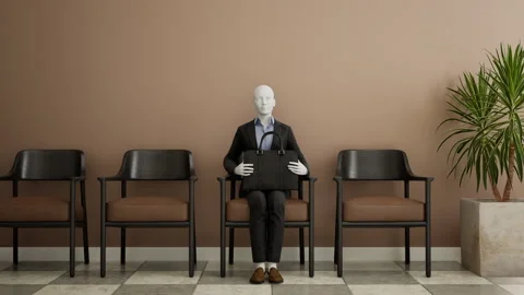 Futuristic female android robot sitting on a chair and waiting for a job Stock Footage 248250530