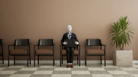 Futuristic female android robot sitting on a chair and waiting for a job Stock Footage 249275062