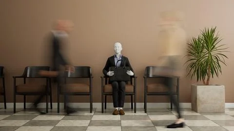 Futuristic female android robot sitting on a chair and waiting for a job Stock Illustration