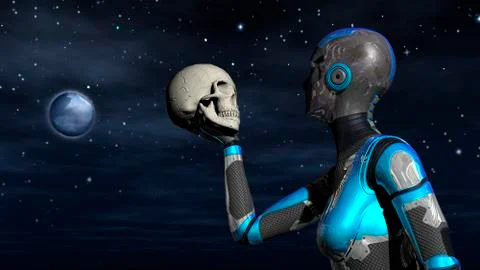 Futuristic Female Android in Space holding human skull Stock Illustration