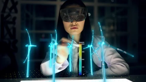Futuristic Female Engineer Designs in 3D Field with Wind Turbines. Asian Woman Stock Footage 240843619