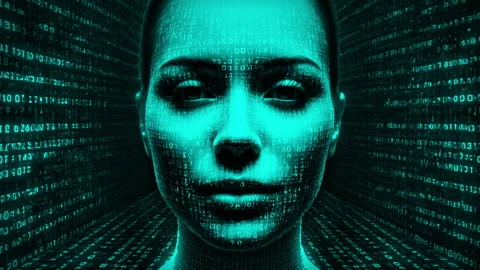 Futuristic female face composed of glowing binary code symbols Stock Footage 297320474