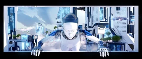 Futuristic Female Robot Breaking Through Screen 3D Naked-Eye Cyber City 動画素材 331899286