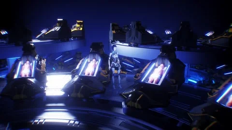 Futuristic female robot in laboratory with cryocapsules with sleeping peoples. 库存影片 301052164