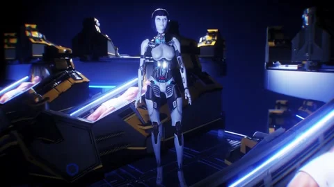 Futuristic female robot in laboratory with cryocapsules with sleeping peoples. 库存影片 301052473
