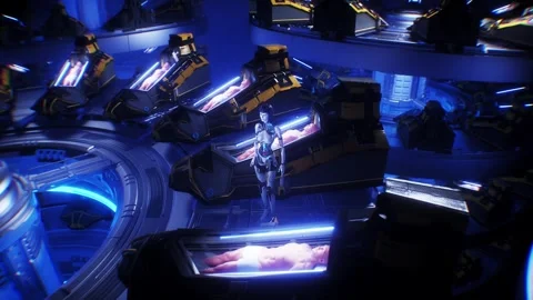 Futuristic female robot in laboratory with cryocapsules with sleeping peoples. 库存影片 301052532