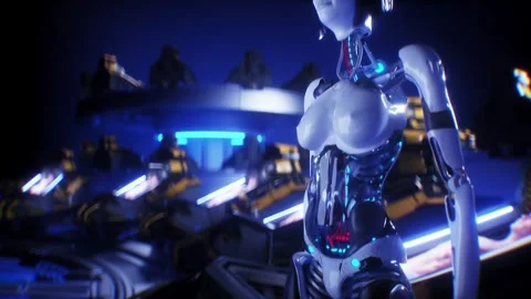Futuristic female robot in laboratory with cryocapsules with sleeping peoples. Vídeos de archivo 301052686