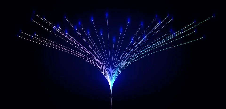 Futuristic fiber optic data rays, neon lines, glowing nodes on dark background Stock Illustration